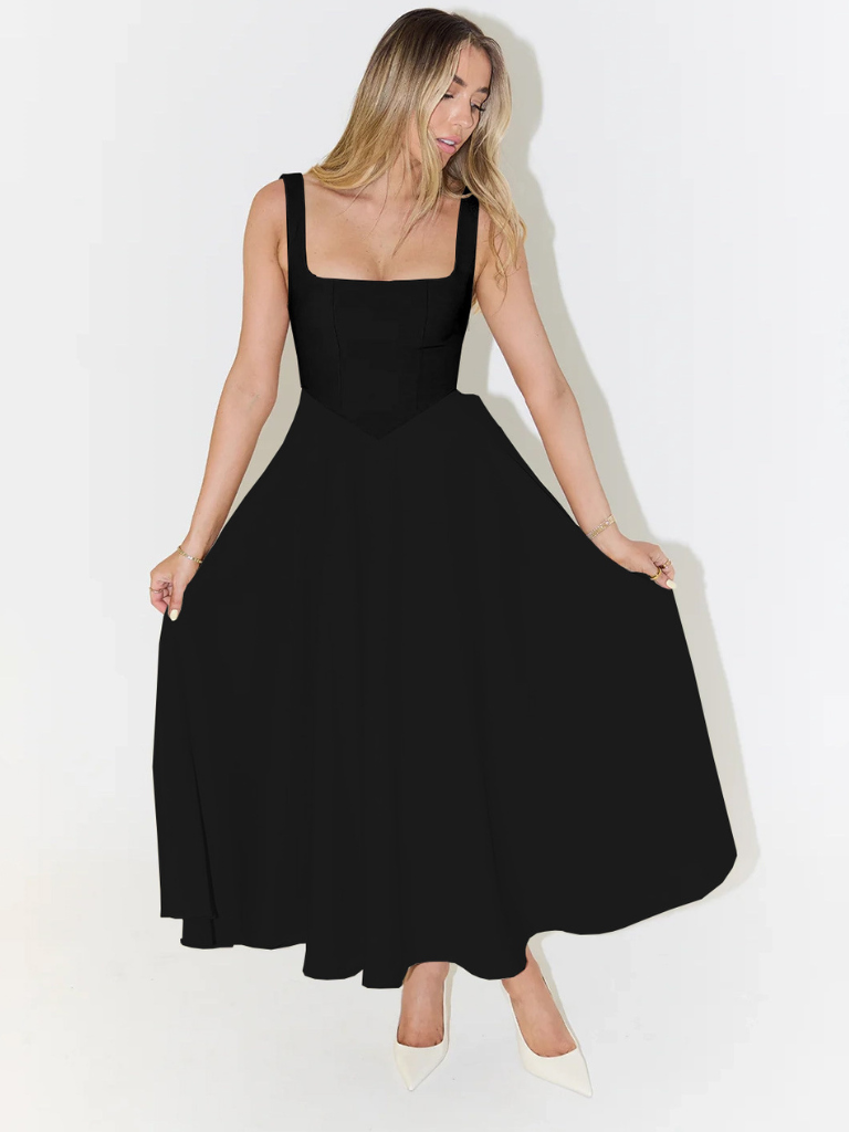 Summer fashion women's midi dress, sleeveless, square neck, flowy A-line design.