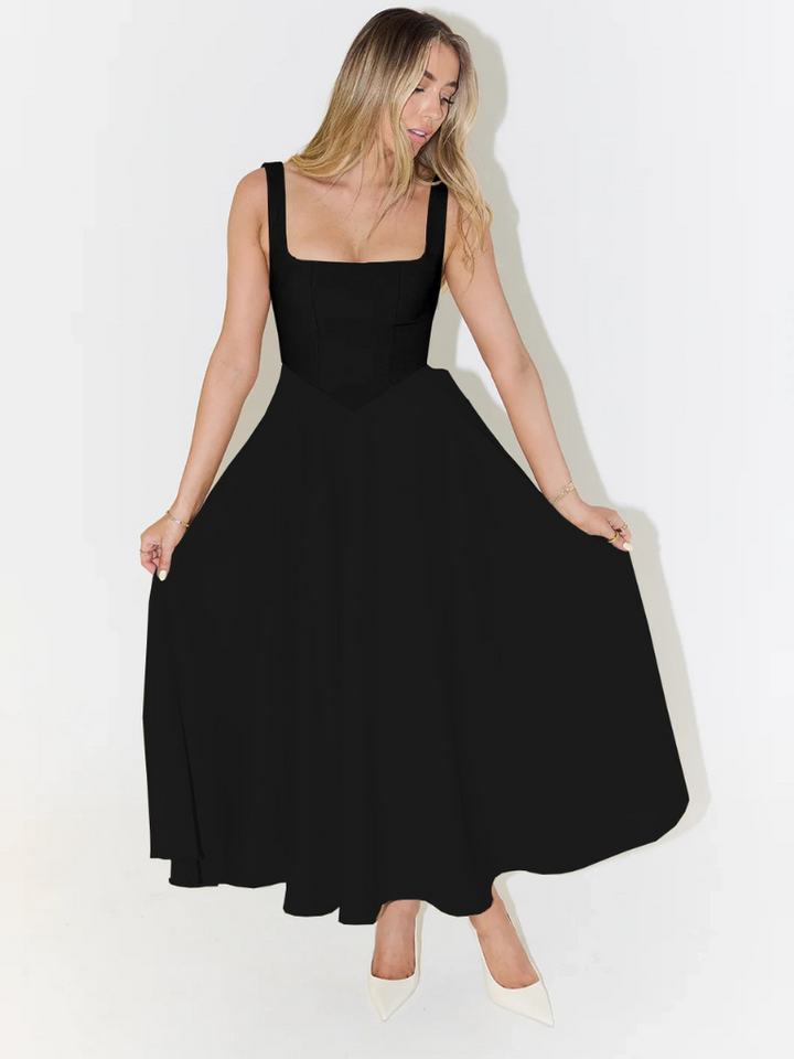 Summer fashion women's midi dress, sleeveless, square neck, flowy A-line design.