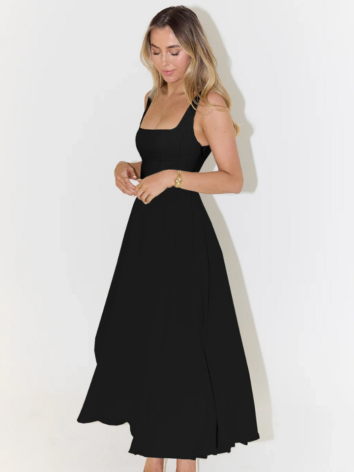 Elegant women's casual A-line midi dress with a flattering square neckline.