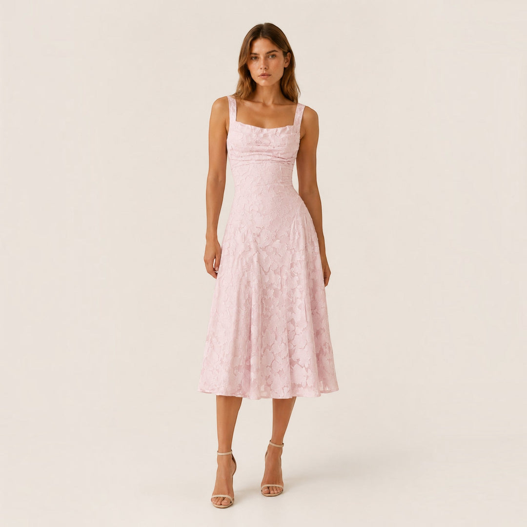 Elegant women's square neck A-line midi dress, perfect for timeless style and formal occasions.