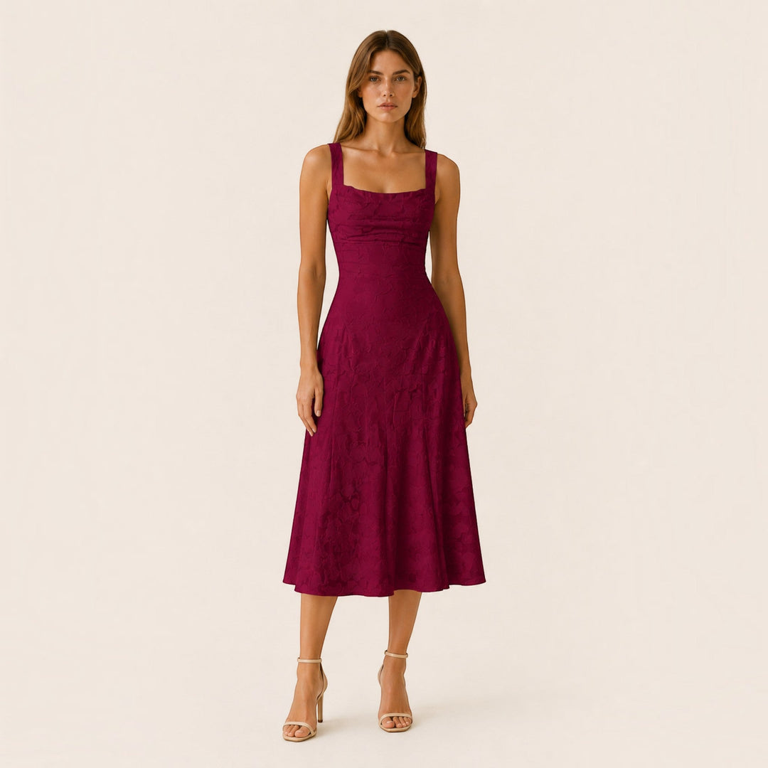 Chic women's square neck midi dress, ideal for wedding guests, parties, or any elegant occasion.