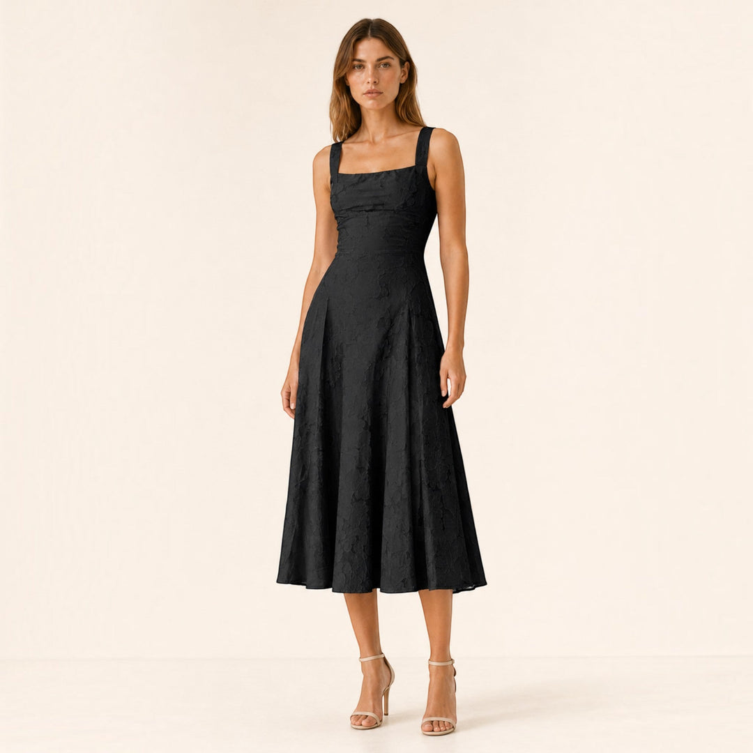 Timeless A-line midi dress with a stylish square neck, an elegant choice for women's formal wear.
