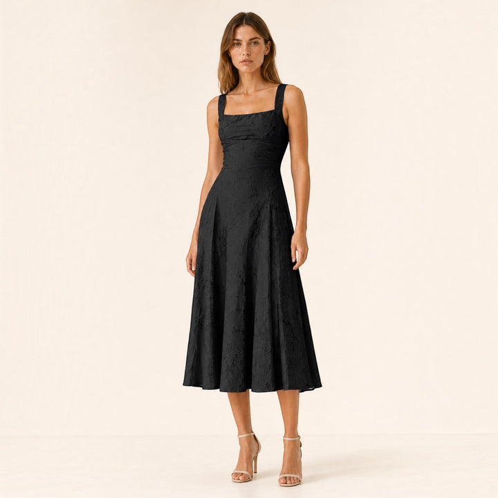Timeless A-line midi dress with a stylish square neck, an elegant choice for women's formal wear.