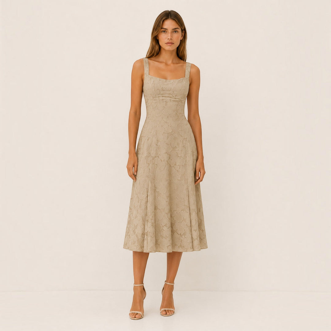 Versatile women's elegant midi dress featuring a square neck and A-line cut for various occasions.