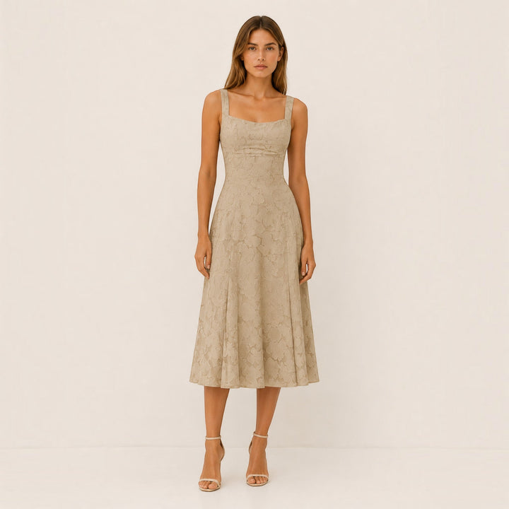 Versatile women's elegant midi dress featuring a square neck and A-line cut for various occasions.