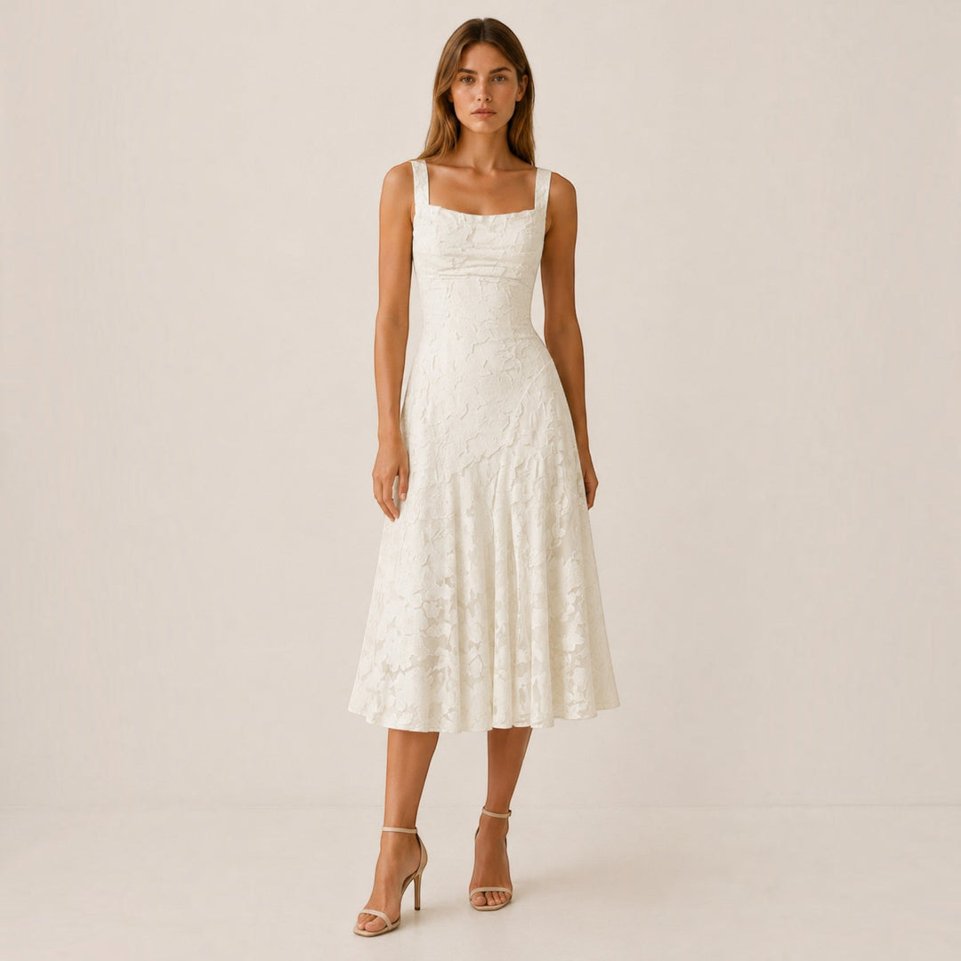 Beautiful women's square neck midi dress, a perfect formal party dress or wedding guest attire.
