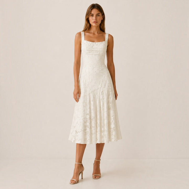 Beautiful women's square neck midi dress, a perfect formal party dress or wedding guest attire.