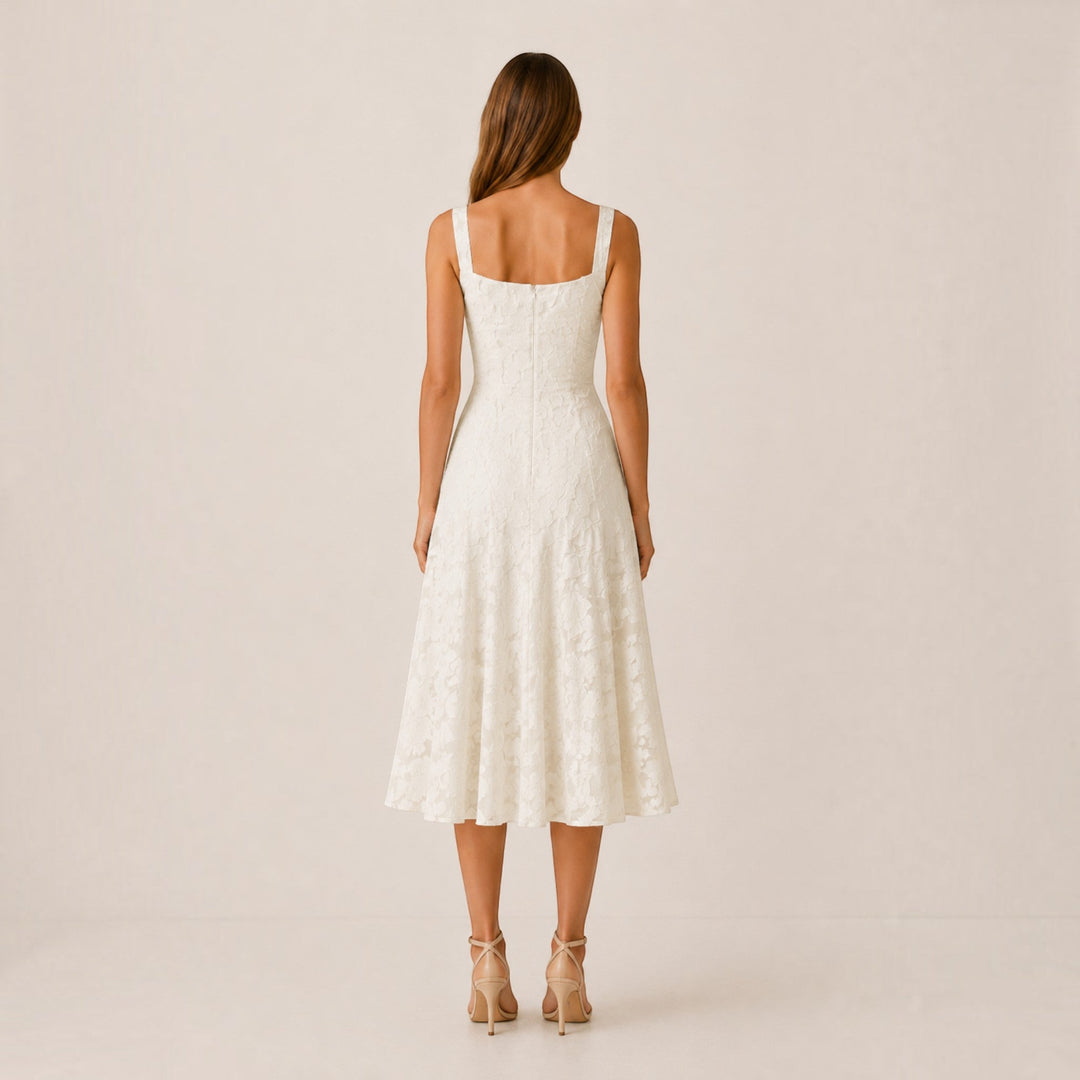 Sophisticated women's square neck A-line midi dress, embodying timeless elegance for special events.