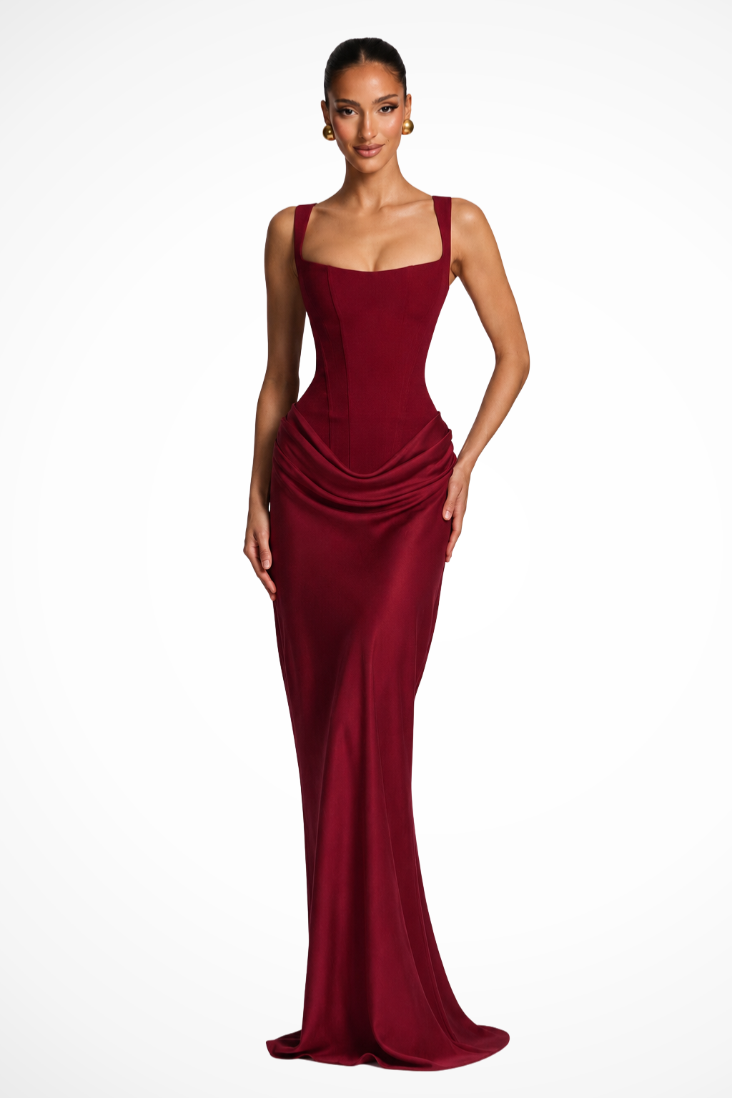 Elegant women's square neck corset draped maxi dress for wedding guests. Formal evening gown.