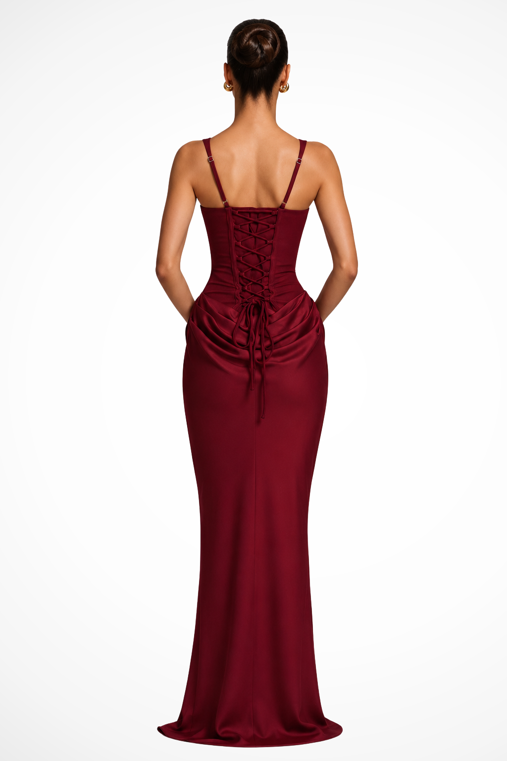 Sophisticated women's square neck maxi dress with corset & draped details, perfect for weddings & parties.