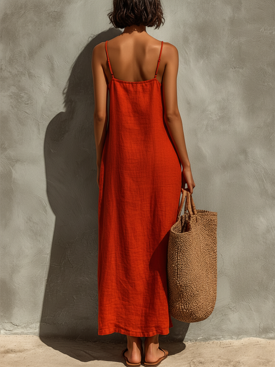 Trendy women's square neck maxi dress with spaghetti straps, a versatile and comfortable summer style.