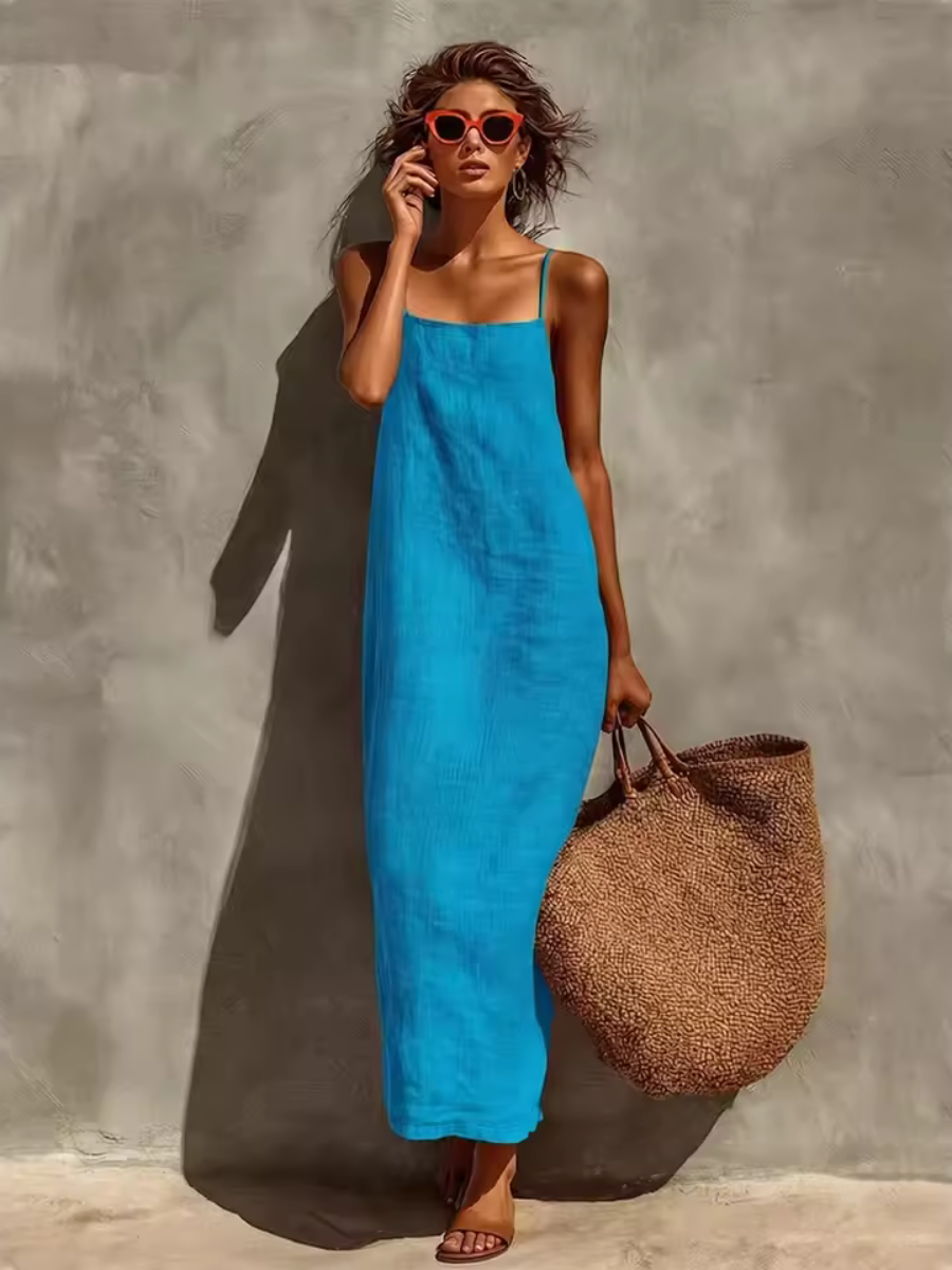 Simple elegant women's maxi dress, sleeveless square neck with thin spaghetti straps for any occasion.