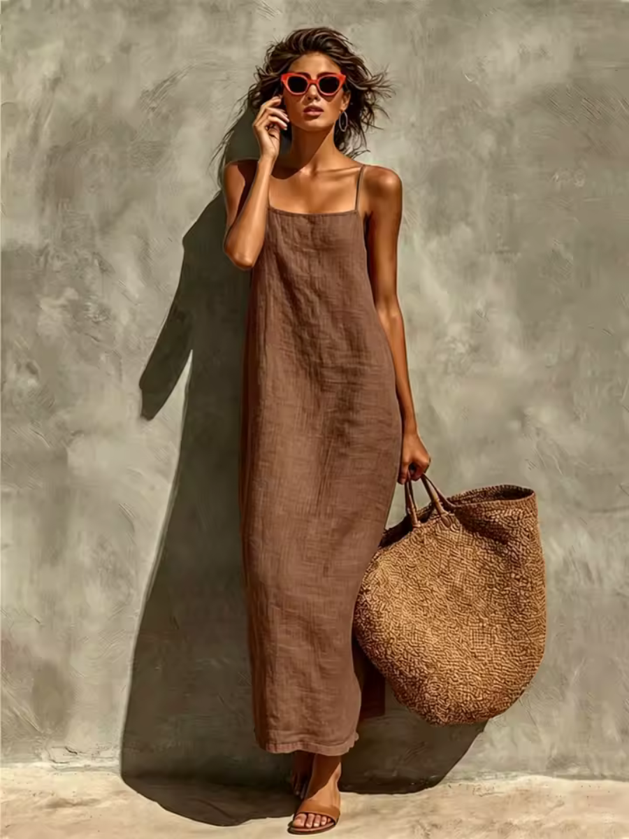 Full shot: Elegant women's square neck maxi dress, flowy and comfortable with spaghetti straps.