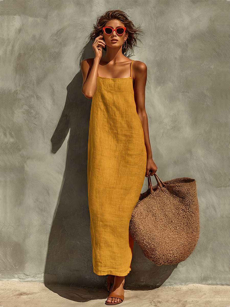Soft women's elegant square neck maxi dress, sleeveless with delicate spaghetti straps for summer.