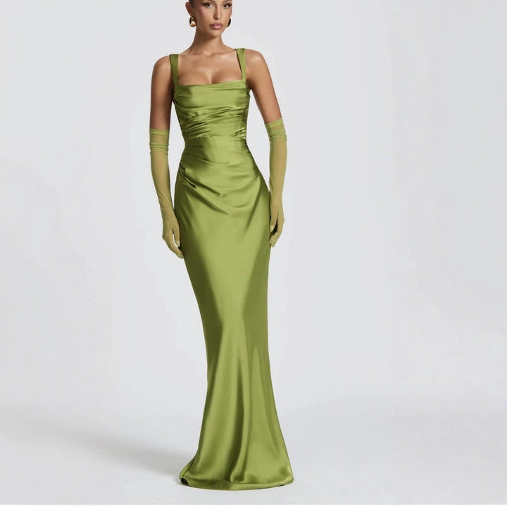 Chic women's square neck maxi evening dress, a graceful long gown for any elegant special occasion.