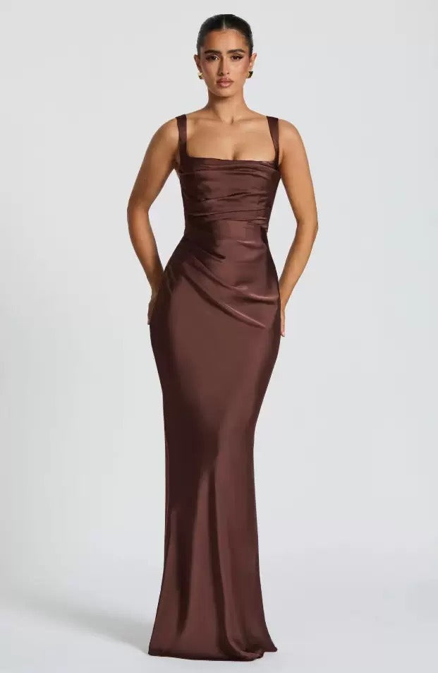Classic square neck maxi dress for women, an elegant evening wear choice for formal events & parties.