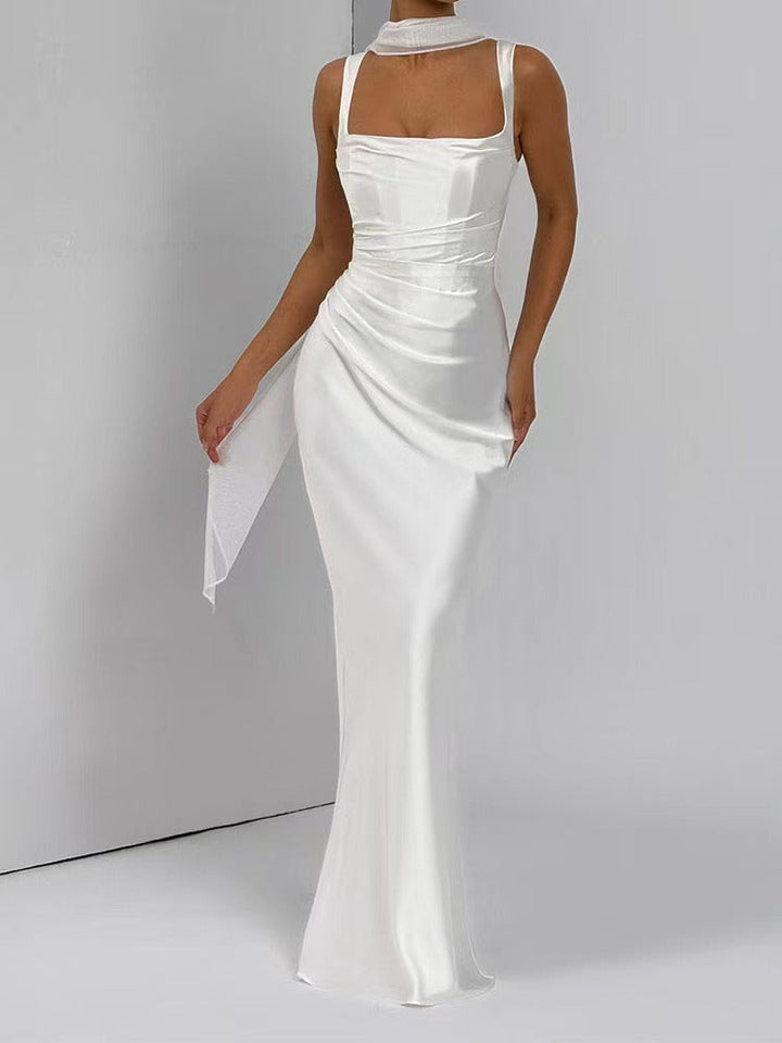 Stunning women's square neck maxi dress, a sophisticated long formal gown for elegant evening events.