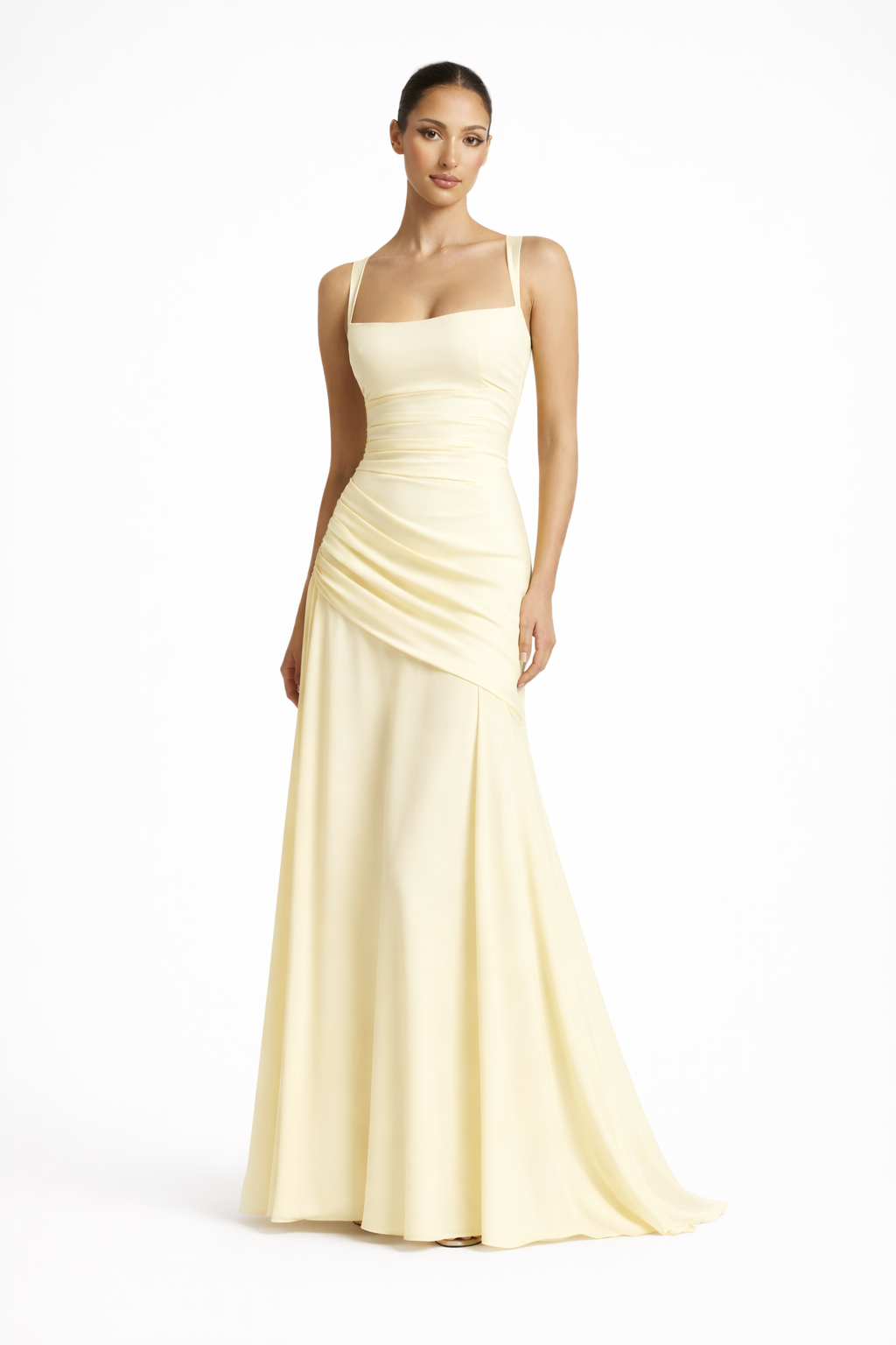 Elegant women's square neck maxi wedding guest dress with a flattering ruched waist, perfect for formal events.