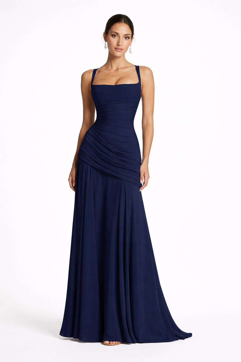 Flowy women's formal maxi dress with a square neckline & elegant ruched waist, suitable for evening parties.