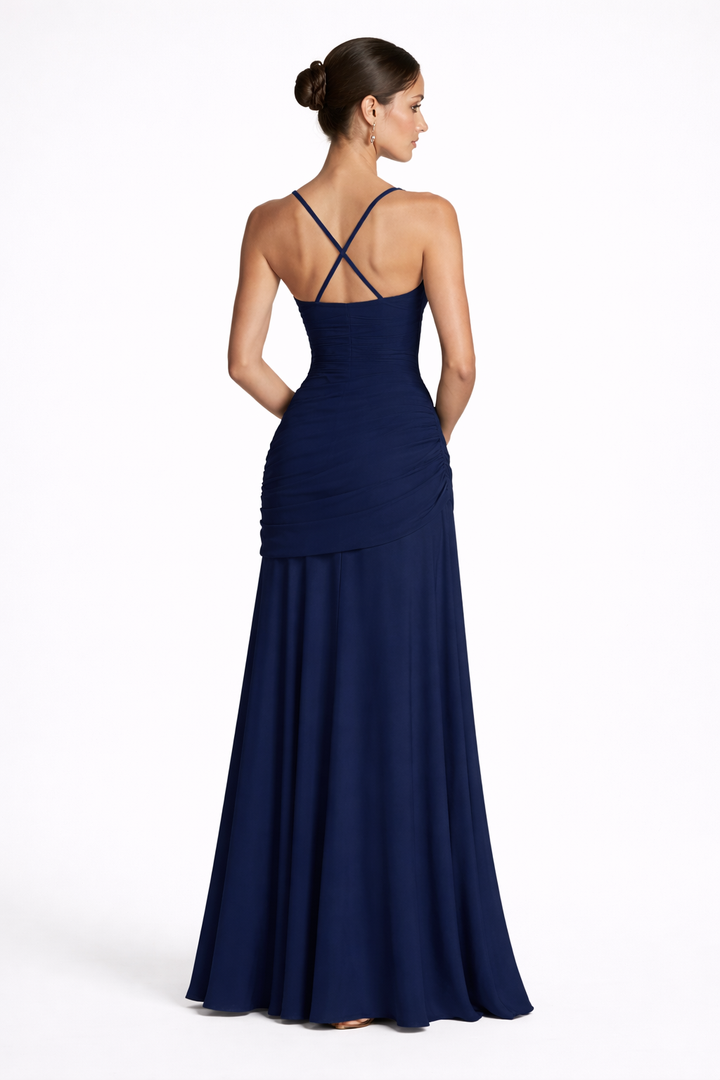 Beautiful women's square neck maxi dress with a ruched waist, an elegant choice for wedding guests & parties.