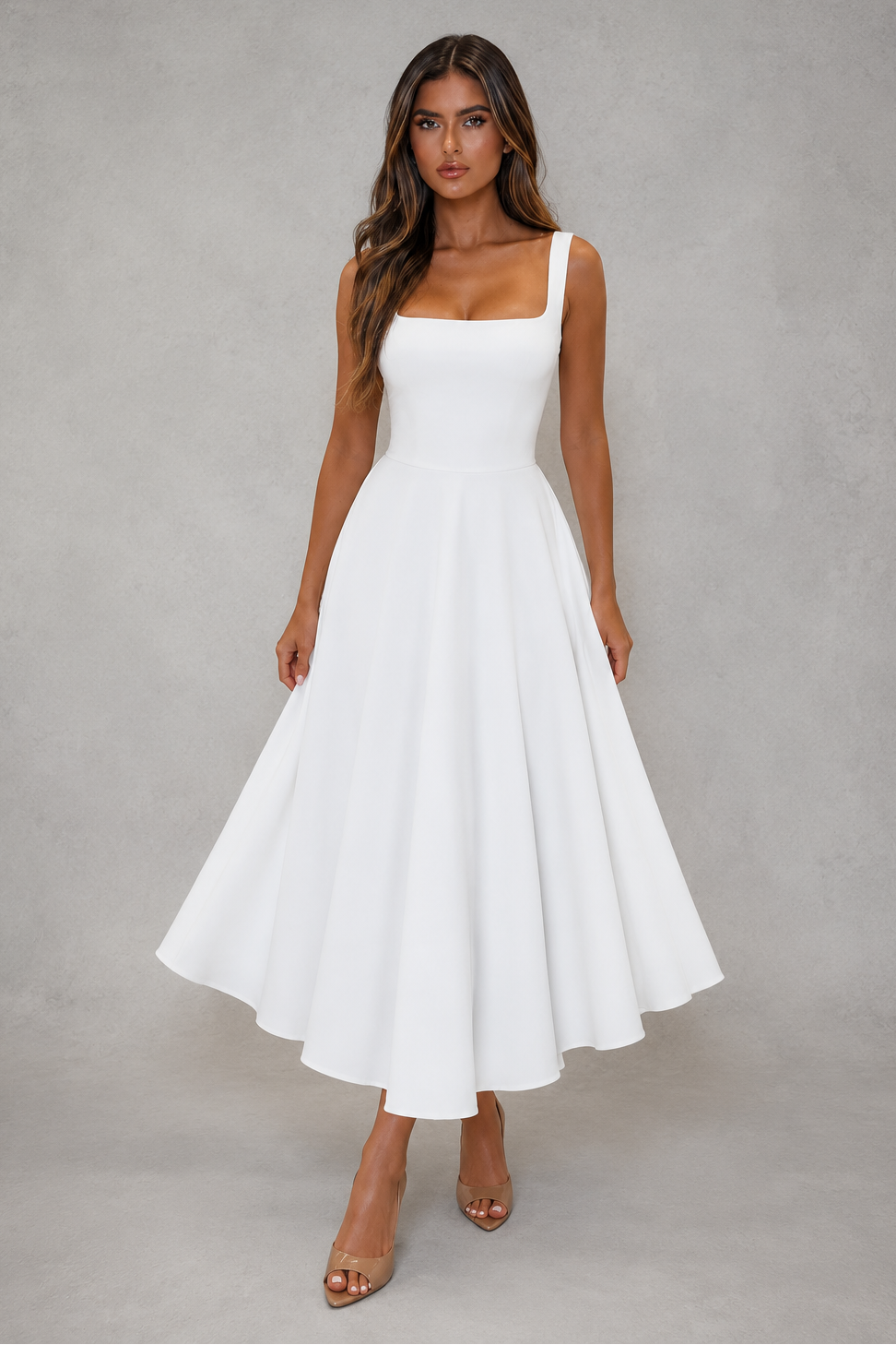 Elegant women's square neck midi dress, perfect for summer casual or party wear.