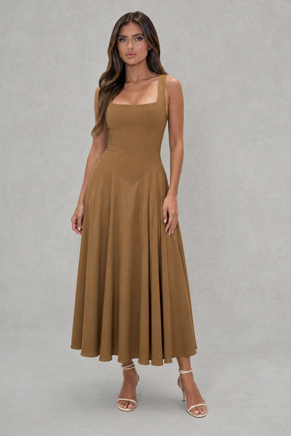 Women's summer midi dress featuring a stylish square neck, embodying casual elegance.