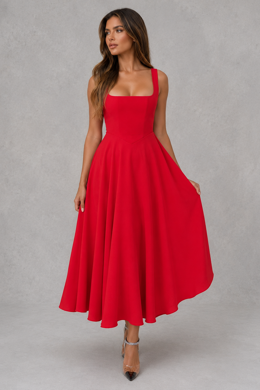 Square neck women's midi dress, an elegant and versatile choice for warm weather style.