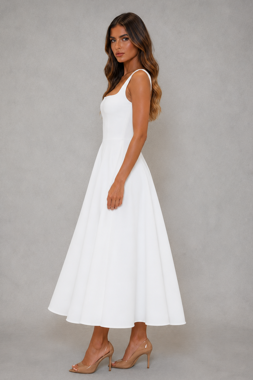 Chic women's square neck midi dress, an elegant and versatile summer dress for any occasion.