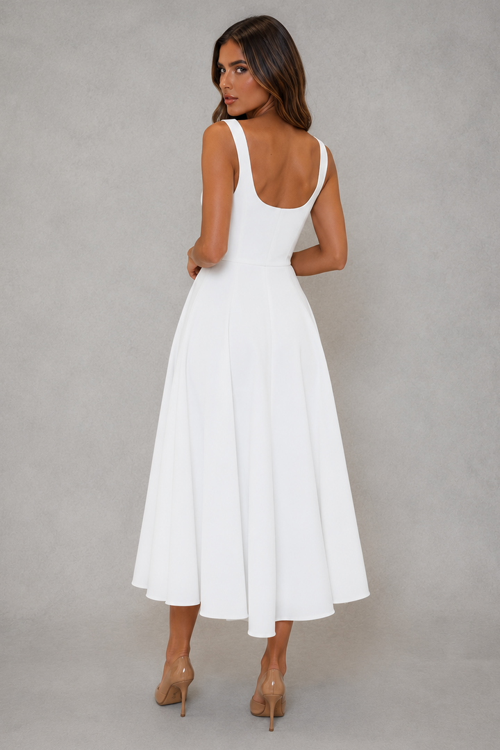 Elegant women's midi dress with square neckline, perfect as a versatile summer casual or party dress.