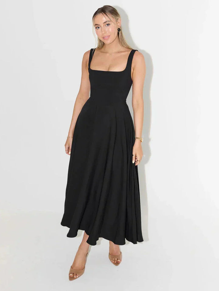 Modern women's square neck A-line midi dress with elegant flared hem, versatile for chic party or everyday wear.