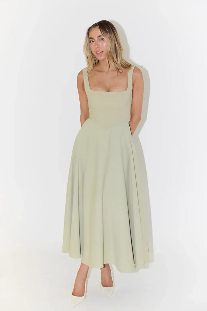 Sophisticated women's square neck midi dress, an A-line flared style offering elegance and comfort for any occasion.
