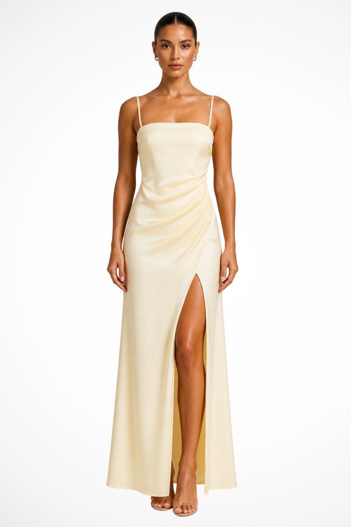 Elegant women's square neck midi dress with a stylish side slit, perfect for wedding guests or cocktail parties.