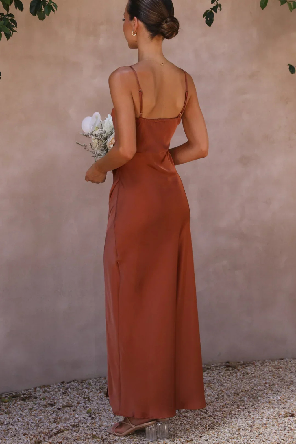 Chic women's party dress featuring a square neck & side slit. Perfect elegant wear for cocktails & weddings.