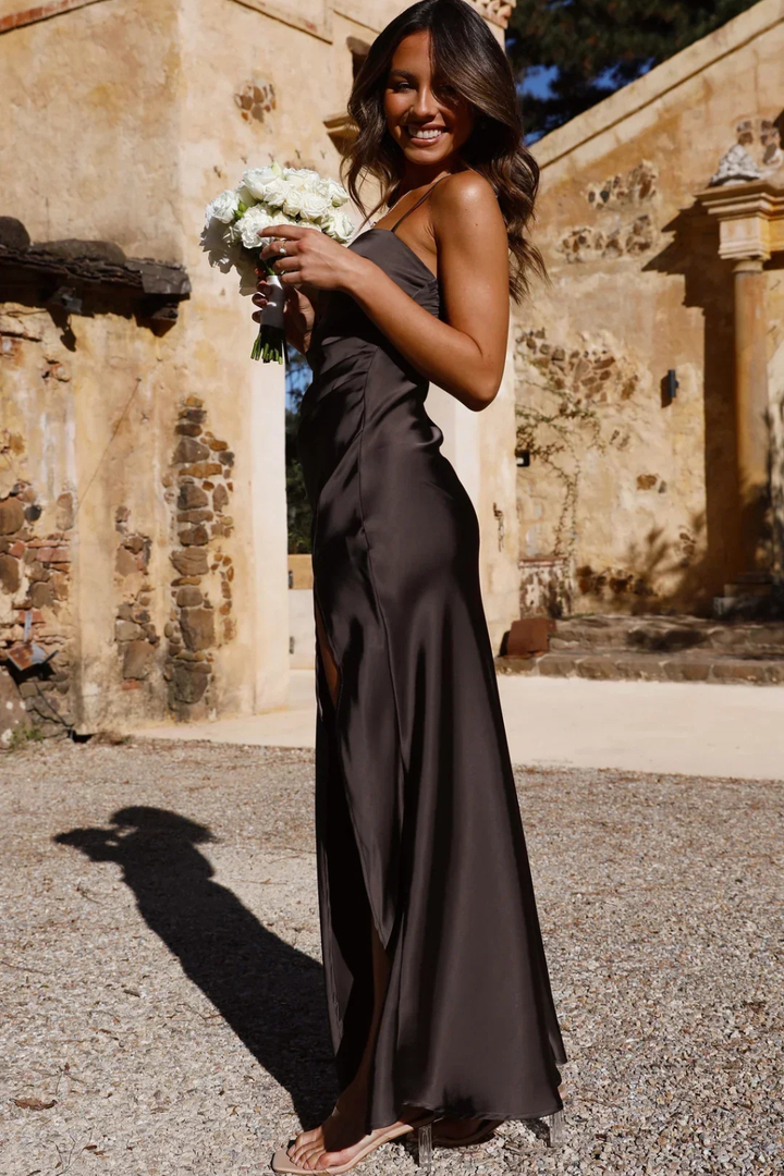 Fashionable women's midi dress. Elegant square neckline & alluring side slit. Ideal for parties & galas.