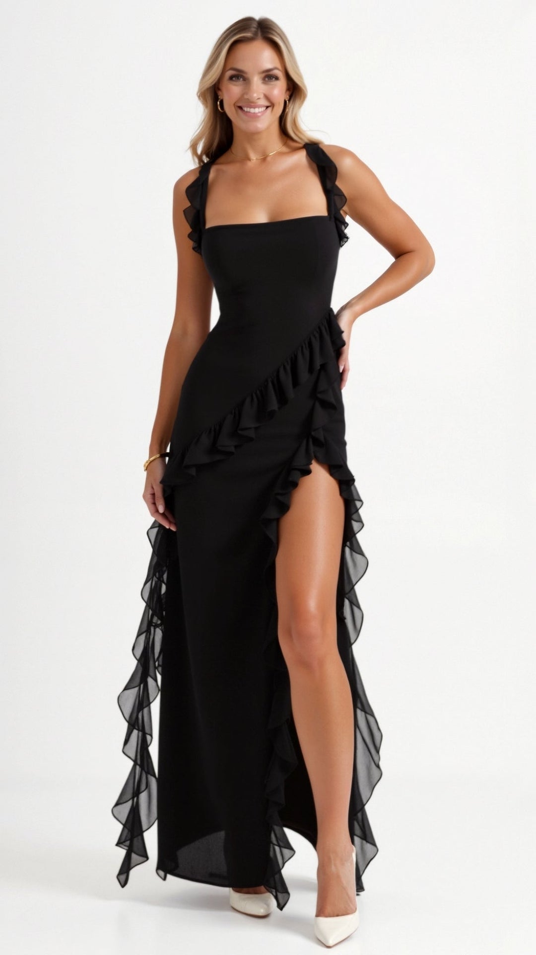 Elegant women's square neck ruched asymmetric maxi evening dress, perfect for formal events & wedding guests.