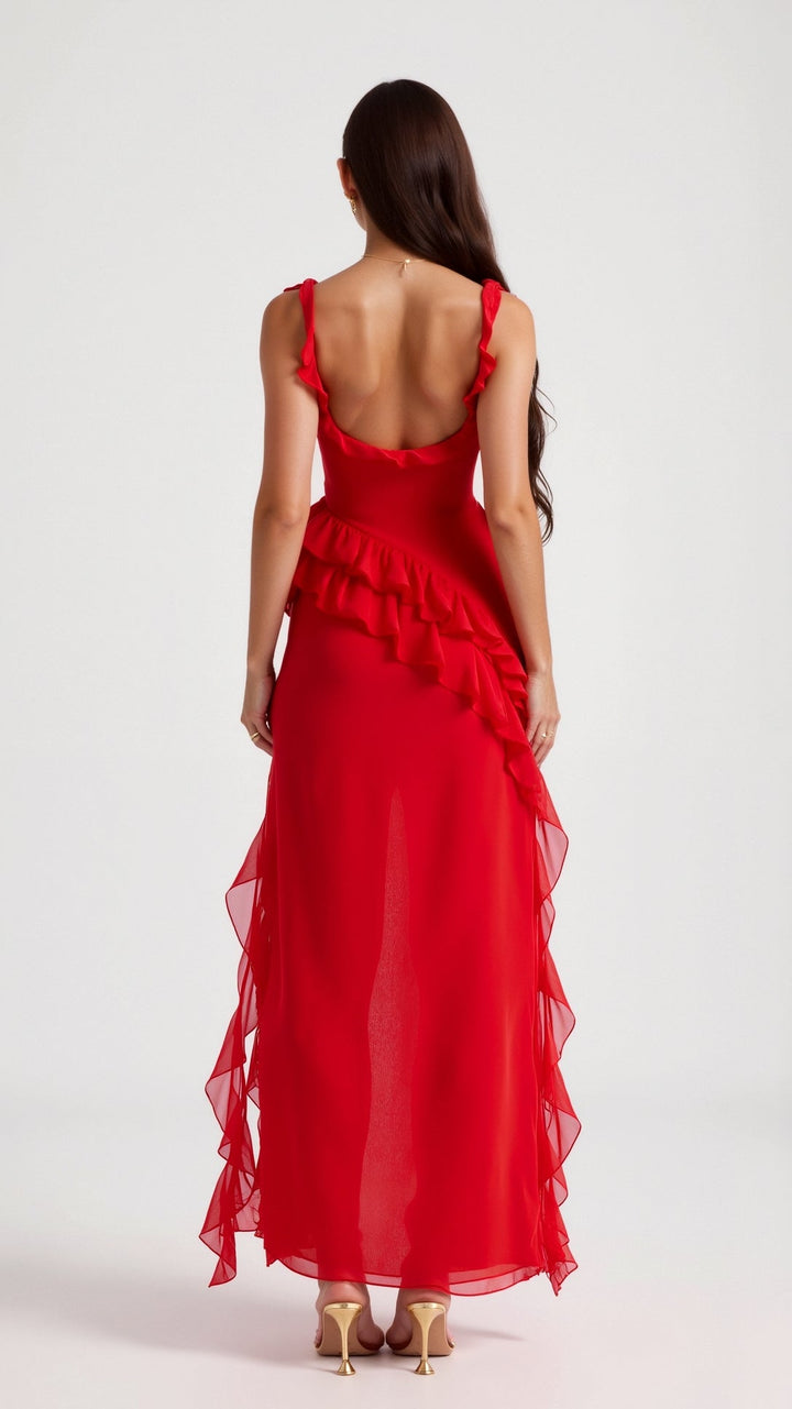Modern square neck ruched asymmetric maxi dress. Stylish women's evening gown for contemporary formal events.