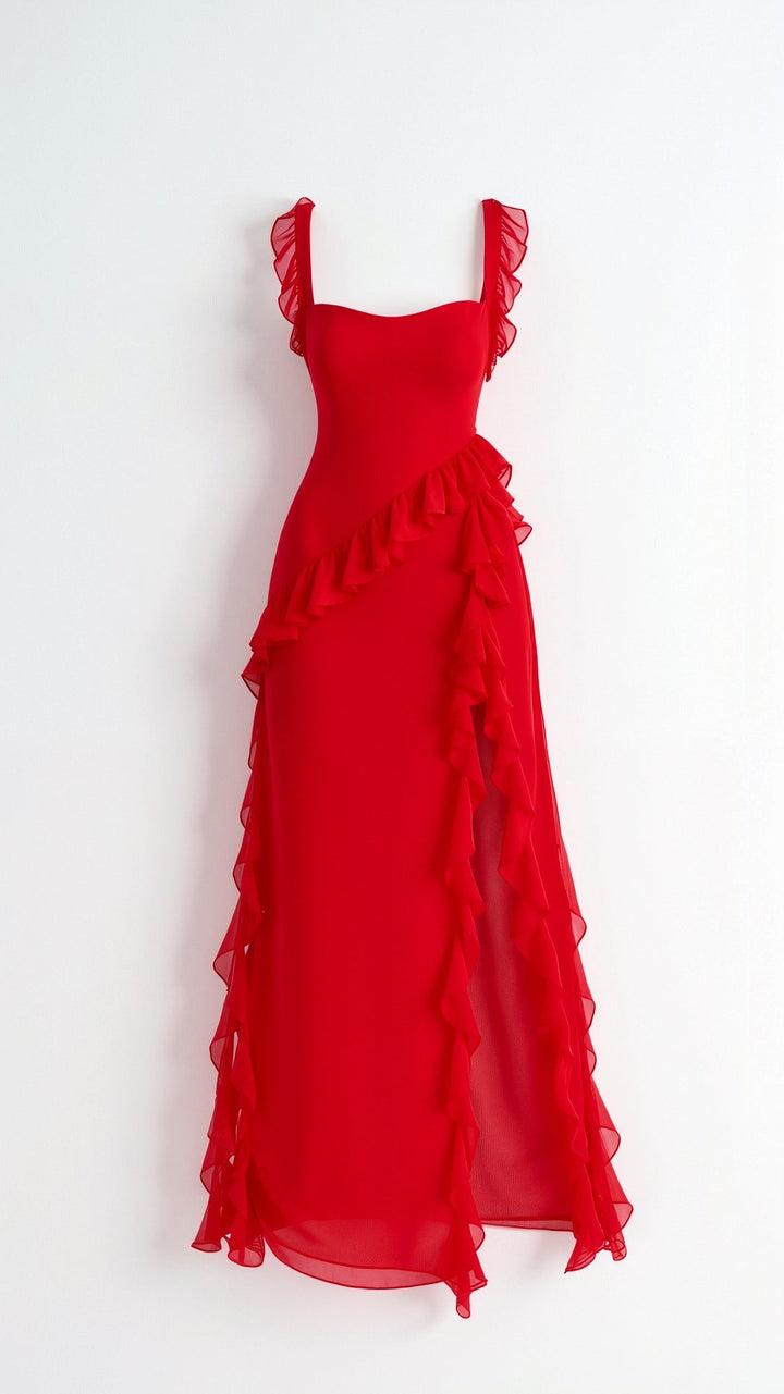 Classy women's square neck ruched asymmetric maxi dress. An elegant formal dress, ideal for special nights out.