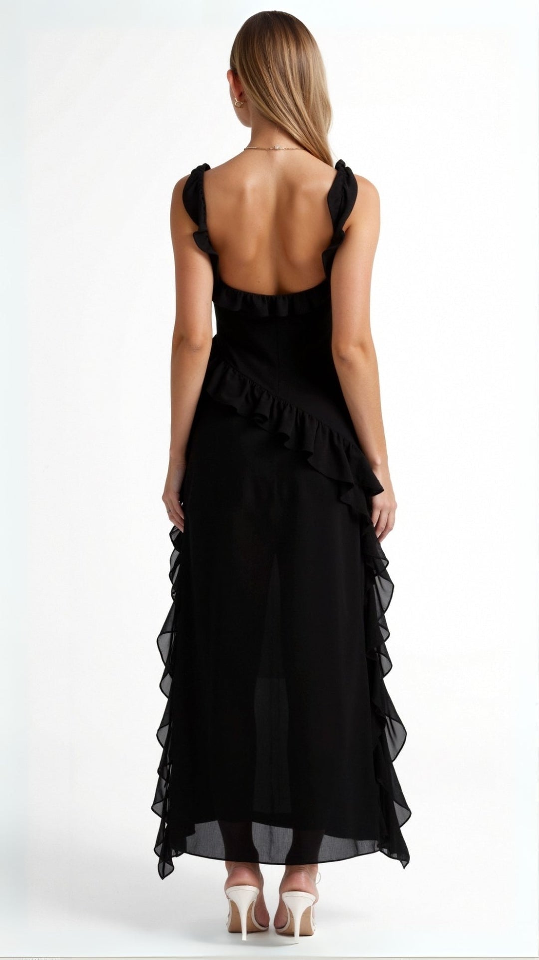 Stylish women's party maxi dress with square neck, ruched detail & asymmetric hem. Ideal evening gown.