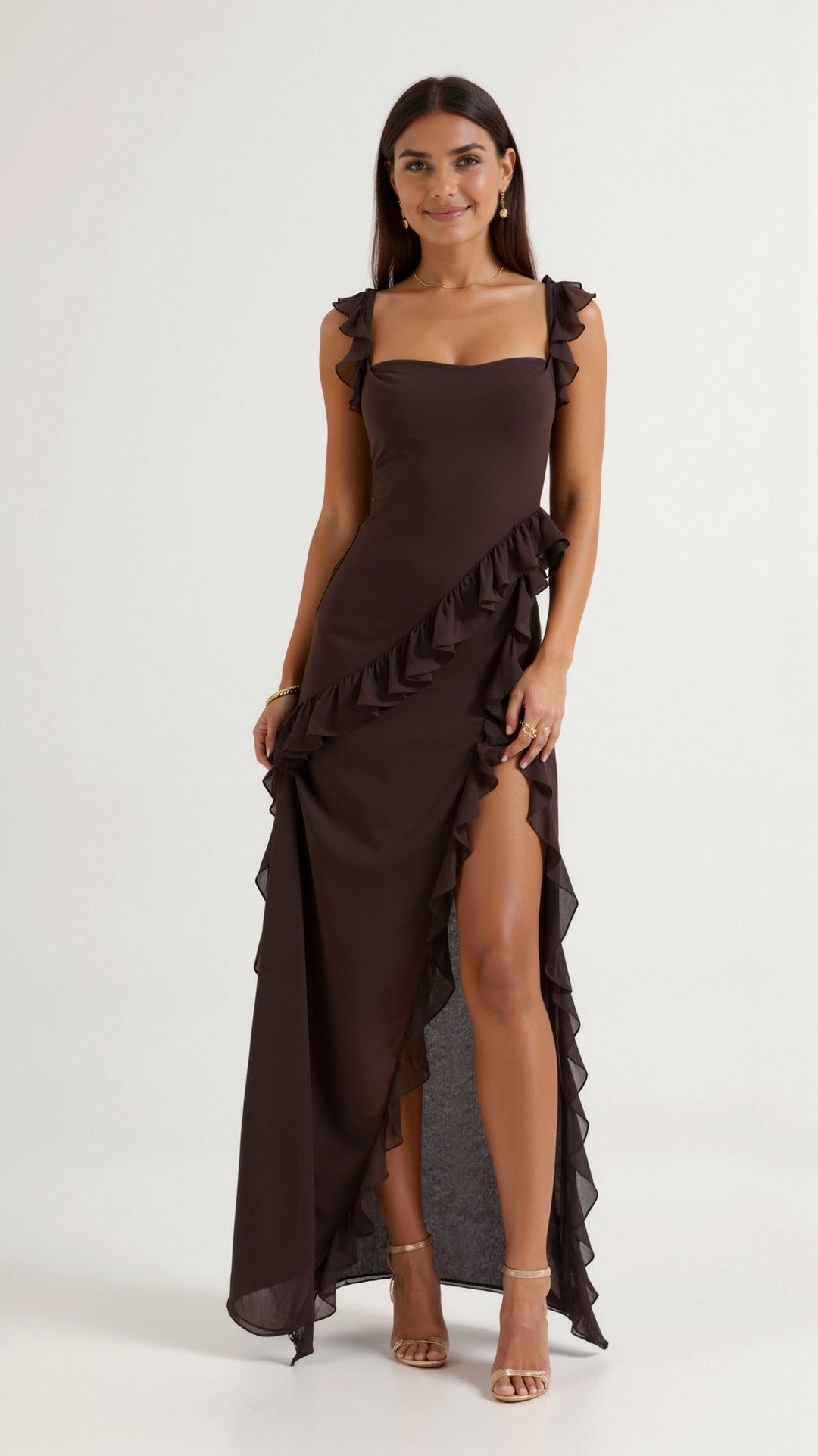 Flattering ruched square neck asymmetric maxi dress for women. A chic evening gown for special occasions.