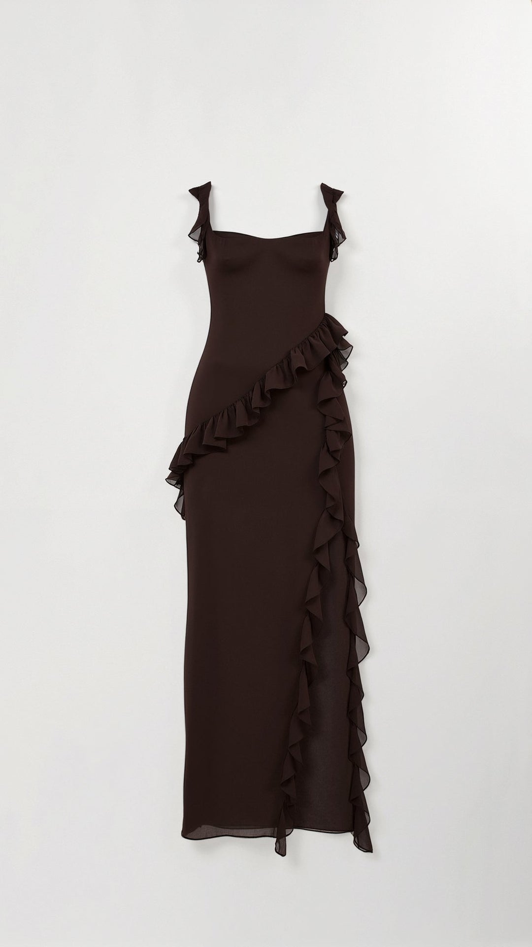 Chic square neck, ruched detail, asymmetric hem women's maxi dress. An elegant party & formal occasion gown.