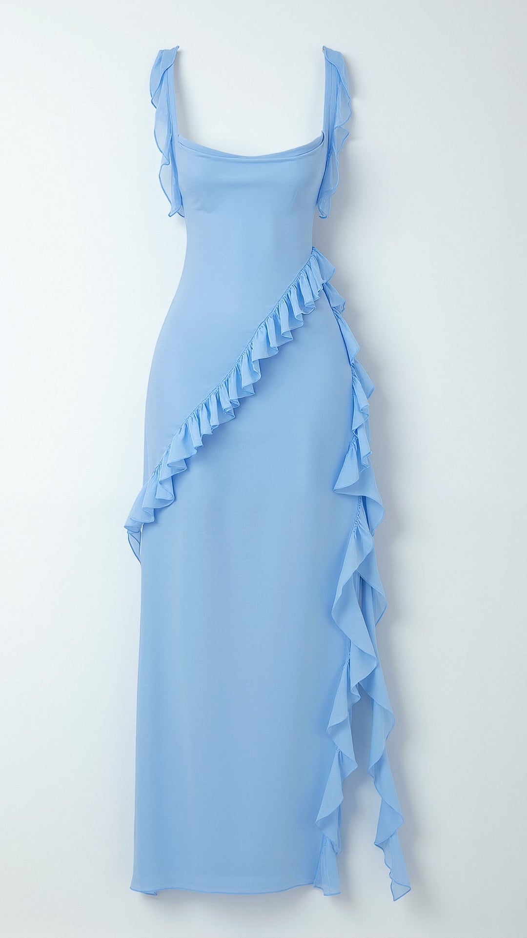 Women's square neck ruched asymmetric maxi evening dress. A stunning formal party gown for women.