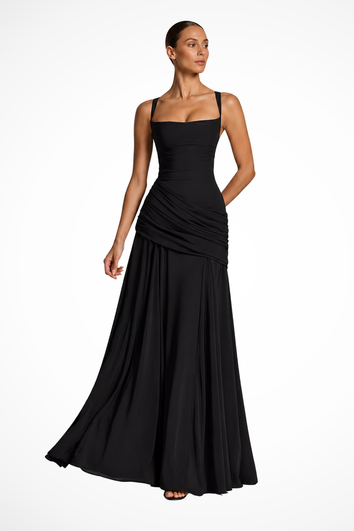 Elegant women's square neck ruched maxi dress, perfect for wedding guests or formal evening events.