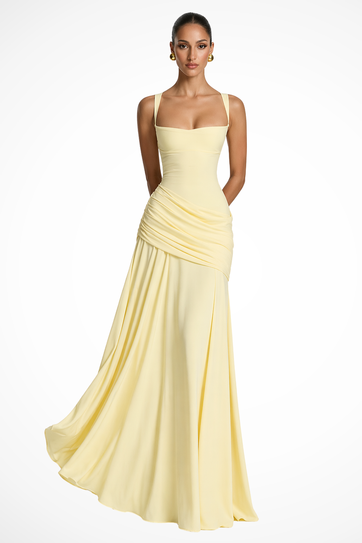 Chic square neck ruched maxi dress with a flattering side slit, ideal for a special occasion or party.