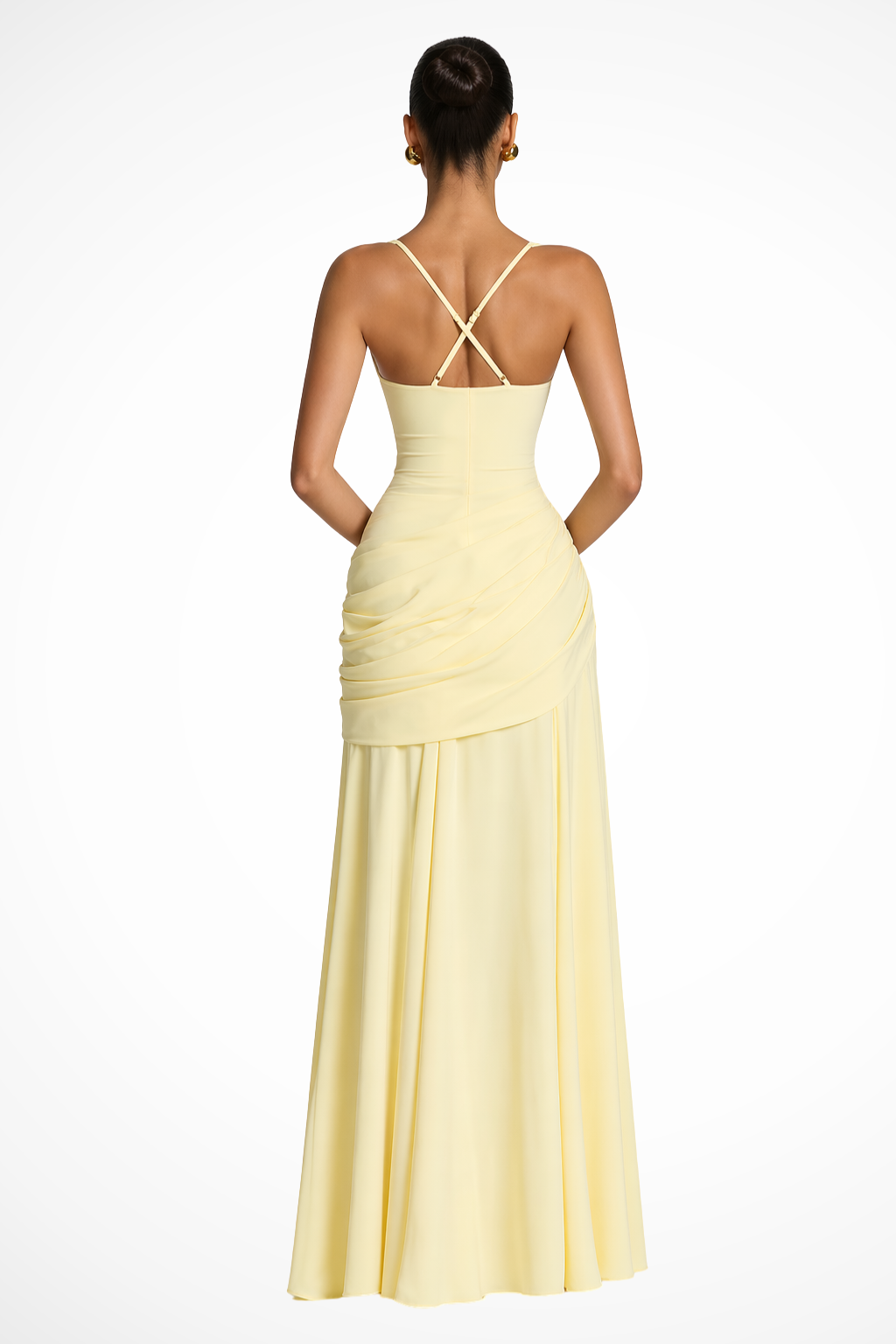 Sophisticated women's formal maxi dress, features a square neckline and ruched detailing, great for evening gowns.