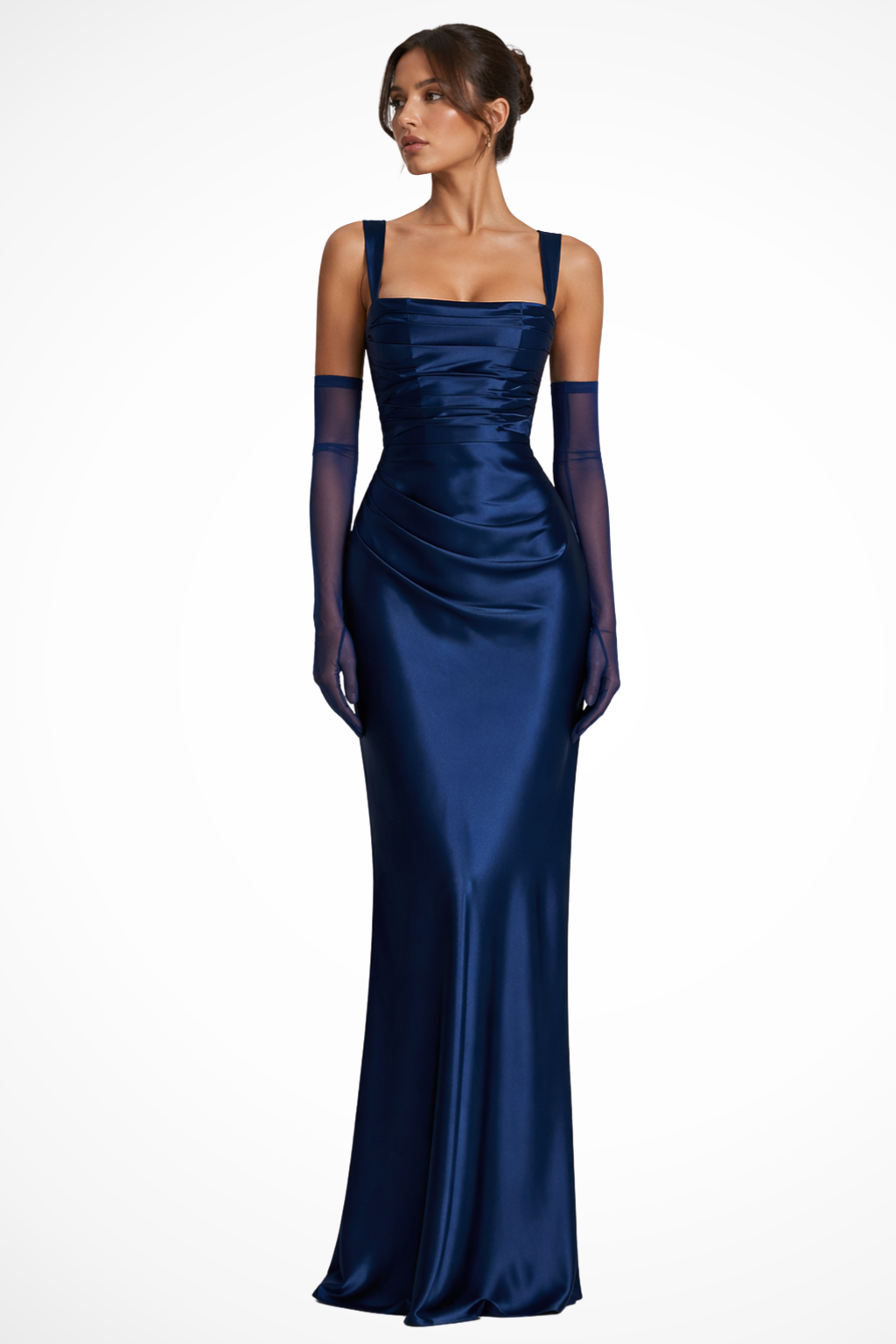 Chic women's square neck maxi dress with ruching, an elegant choice for wedding guests, evening events & parties.