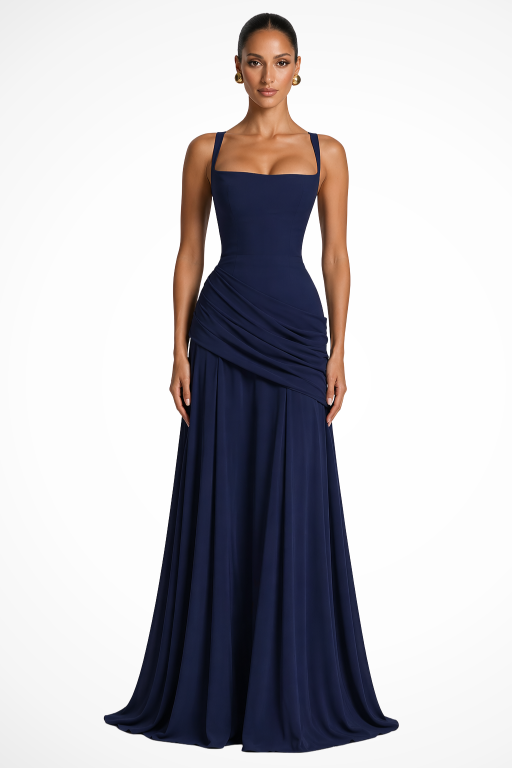 Stylish ruched maxi dress for women, elegant square neck & side slit design, perfect as a wedding guest or party dress.