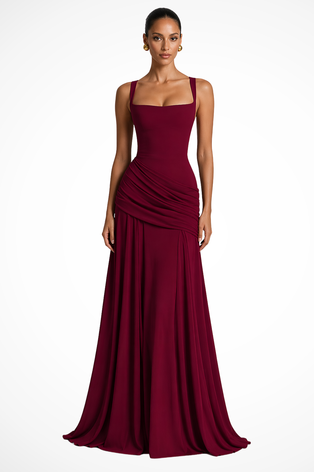 Flattering women's elegant square neck maxi dress with ruched details, suitable for formal events & special occasions.