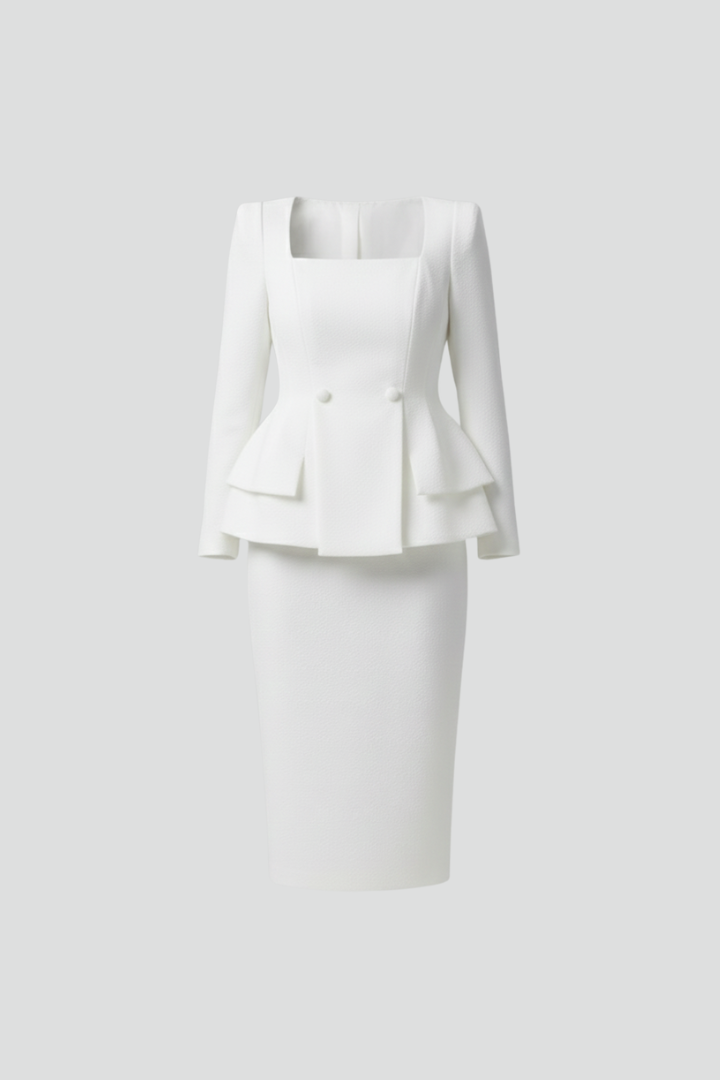 Fashionable women's two-piece co-ord set featuring a square neck top & elegant midi skirt. Versatile office & formal wear.