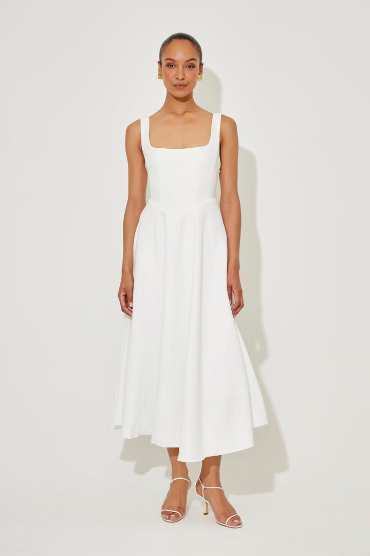 Elegant women's square neck sleeveless A-line midi dress for a chic look.