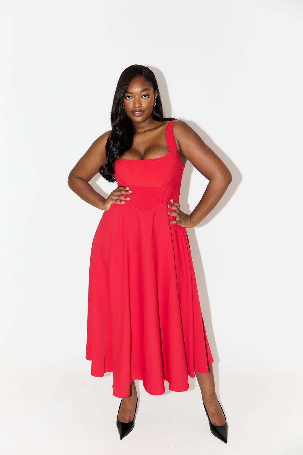 Women's A-line midi dress, perfect for summer, with a flattering square neck.